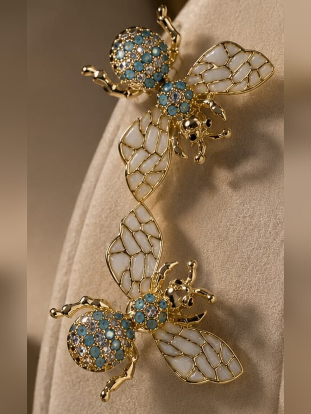 Gold Tone Bee Earrings with Blue Crystals and White Enamel Wings